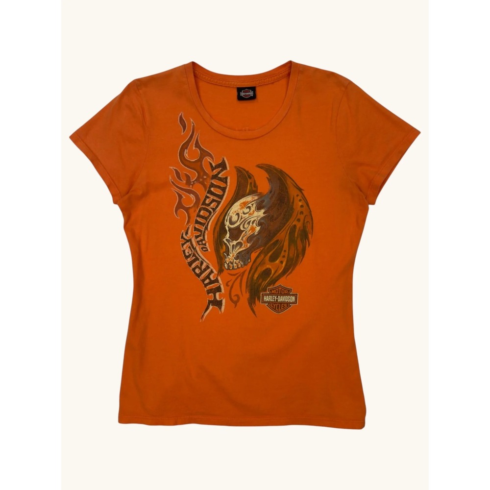 Harley-Davidson Womens Orange Graphic T-Shirt Big Barn Des Moines Skull Flames S